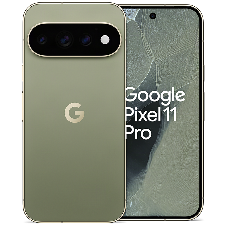 Google Pixel 11 Pro i sagegrön färg, visad framifrån och bakifrån med trippelkamera och Google-logotyp.
