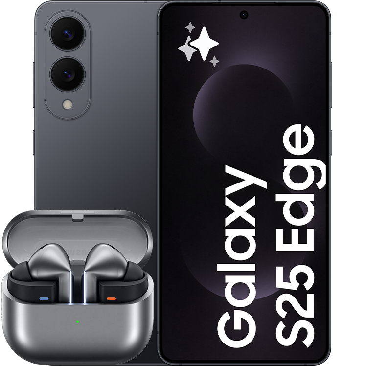 Svart Samsung Galaxy S25 Edge visad fram- och bakifrån, tillsammans med ett par silverfärgade trådlösa hörlurar i öppet laddningsetui.