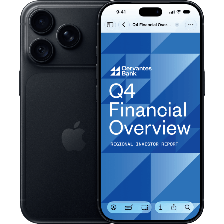 Fram- och baksida av en smartphone modell iPhone 18 Pro. Baksidan är svart med tre kameror i övre vänstra hörnet och framsidan har påslagen skärm med text Q4 Financial Overview. 