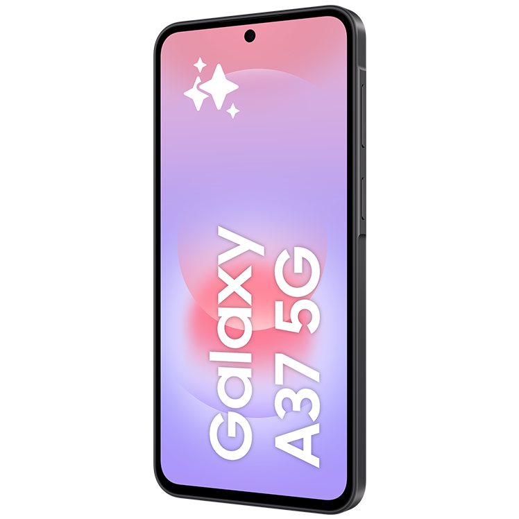 Svart Samsung Galaxy A37 5G-smartphone med rosa-lila skärm, knappar på sidan och centrerad kamera.