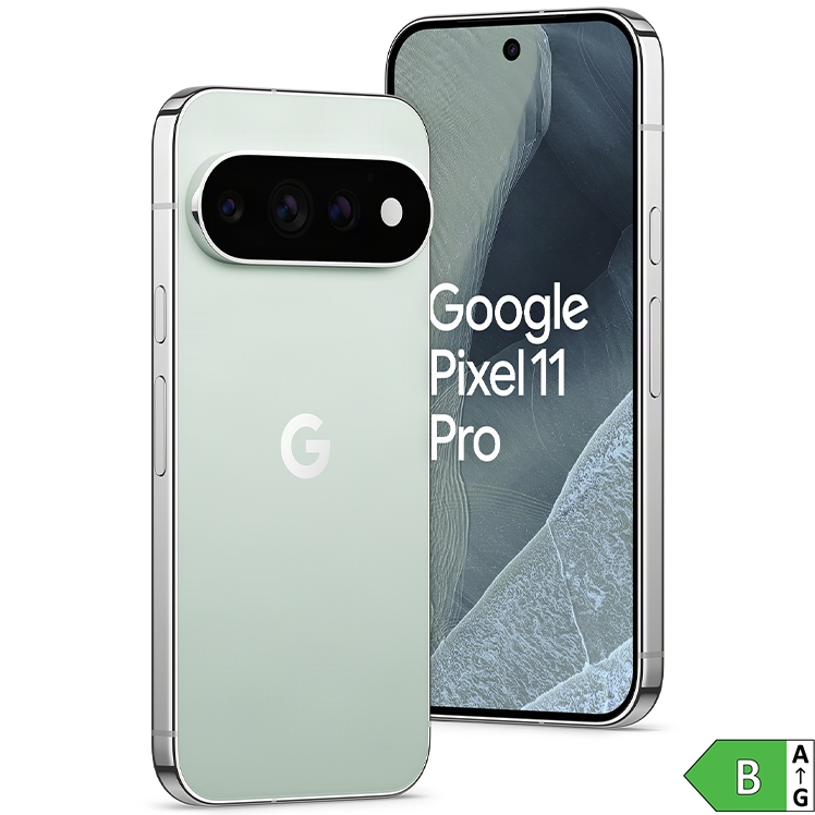 Google Pixel 11 Pro i ljusblå färg visad från fram- och baksida, med trippelkamera och energiklass B-märkning.