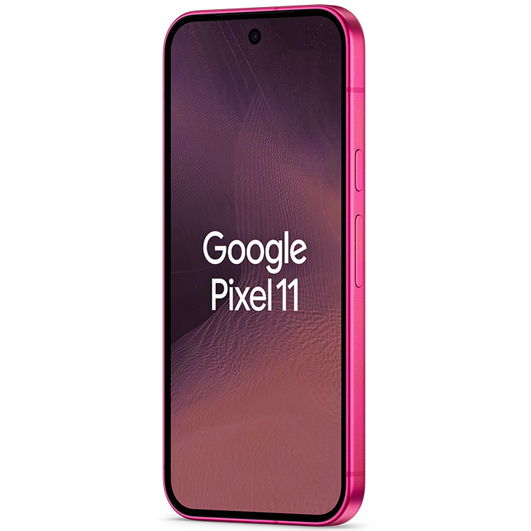 Google Pixel 11 smartphone i rosa färg, visad från sidan med en rosa naturbakgrund på skärmen.