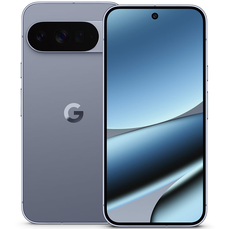 Google Pixel 10 Pro XL i grå färg med trippelkamera på baksidan och Google G-logotypen, visad från fram- och baksidan.