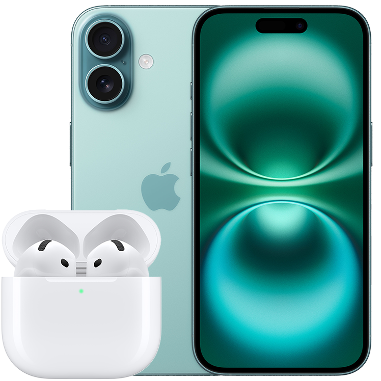 Blågrön iPhone 16 visad fram- och bakifrån, tillsammans med ett par vita Apple AirPods i öppnat laddningsetui.