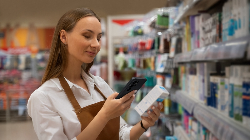 Kvinna står framför butikshylla och tittar på en mobil med ett paket i handen. 