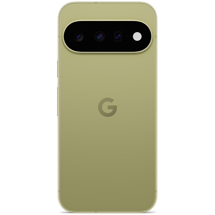 Google Pixel 11 sedd bakifrån i grön färg med trippelkamera och Google-logotyp.