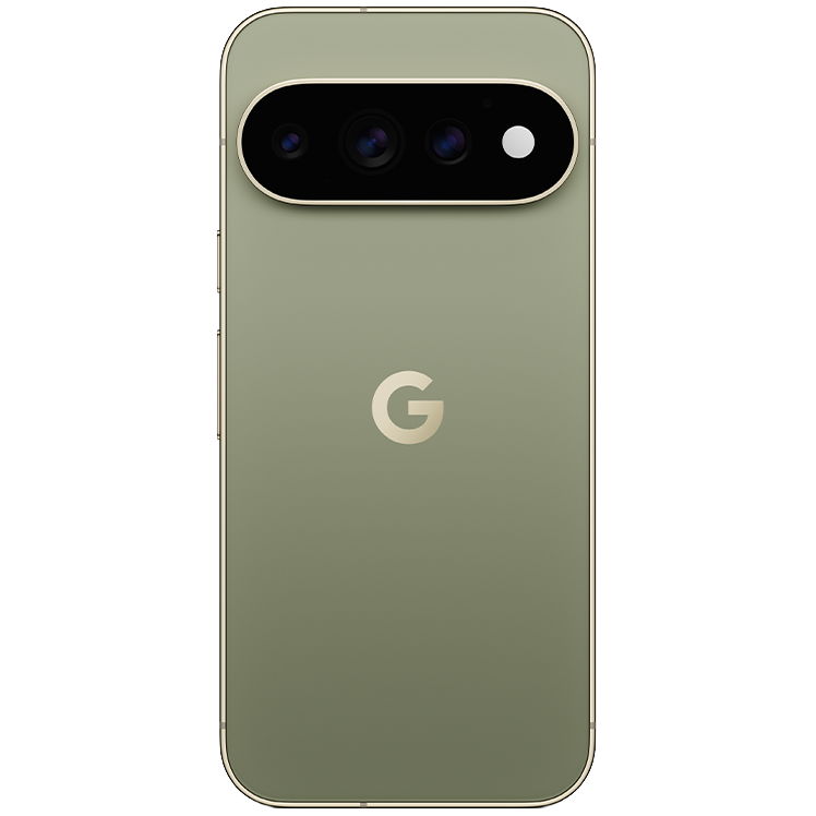 Baksida av grön Google Pixel 11 Pro med trippelkamera och Google-logotyp i mitten.