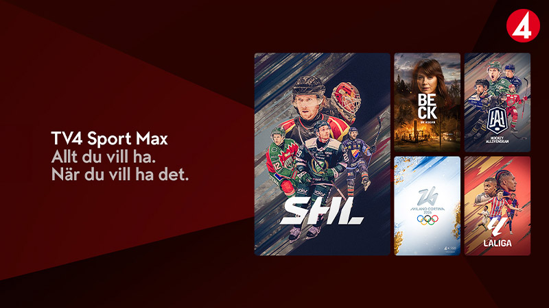 Reklam för TV4 Sport Max med SHL-hockeyspelare och andra sportprogram och serier
