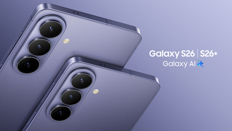 Två smartphones av modell Galaxy S26 och Galaxy S26+ i lila mot lila bakgrund. 