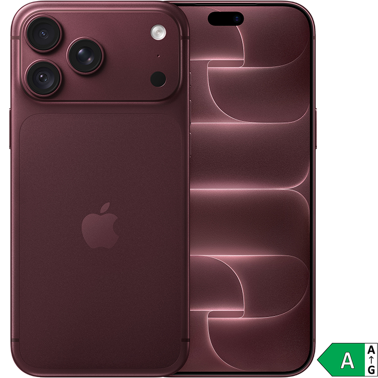 Vinröd iPhone 18 Pro Max visad från bak- och framsidan med trippelkamera och Dynamic Island, energiklass A-märkning.