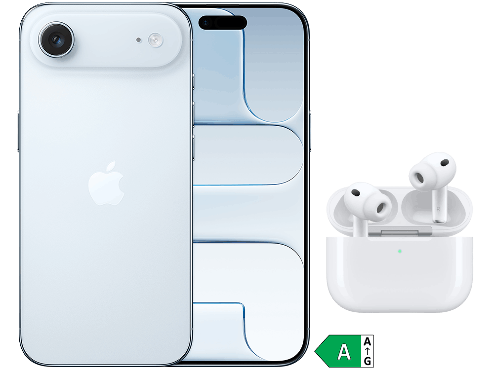 Fram- och baksida av smartphone modell iPhone Air i blått samt ett par hörlurar modell AirPods Pro 3 i vitt med vitt fodral. 