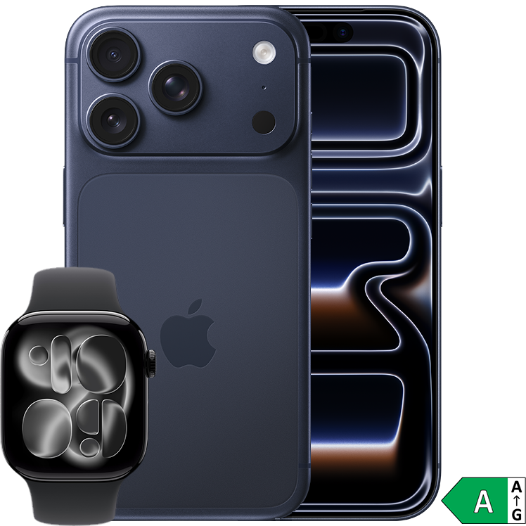 Fram- och baksida på marinblå iPhone 17 Pro med svart Apple Watch Series 11