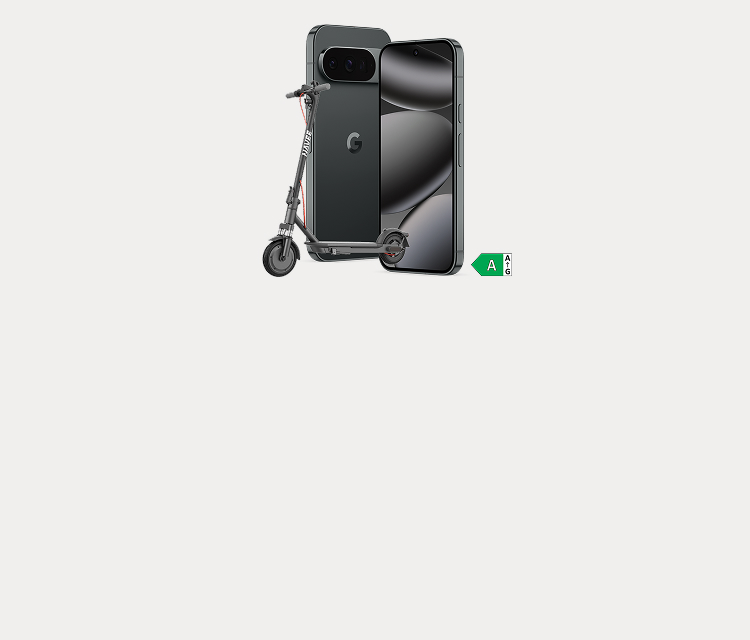 En mörkgrön Google Pixel-smartphone visas framifrån och bakifrån tillsammans med en grå elsparkcykel och en grön energimärkning klass A.