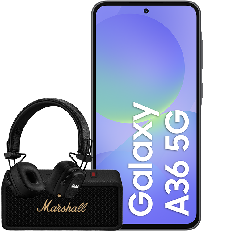 Samsung Galaxy A36 5G med lila skärm bredvid svarta Marshall-hörlurar och högtalare.