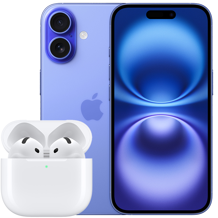 Blå iPhone 16 visad fram- och bakifrån, tillsammans med ett par vita Apple AirPods i öppnat laddningsetui.