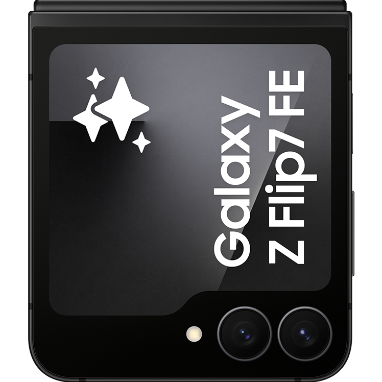 En svart Samsung Galaxy Z Flip7 FE, hopvikt med skärmen synlig. På skärmen syns de två kameralinserna.