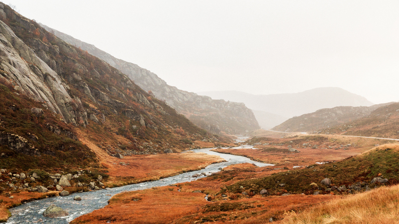 Fjällandskap med berg och en fors i höstfärger. 