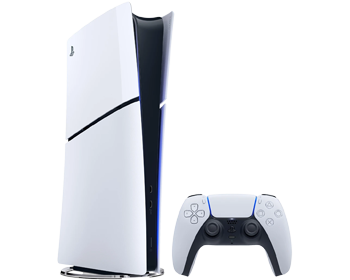En vit PlayStation 5-konsol med svart mittparti står bredvid en vit och svart DualSense-handkontroll.