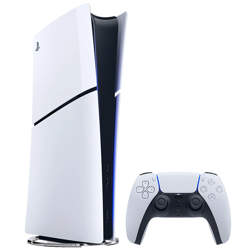 En vit PlayStation 5-konsol med svart mittparti står bredvid en vit och svart DualSense-handkontroll.