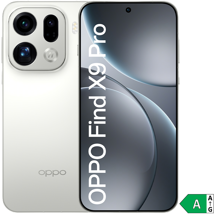 OPPO Find X9 Pro smartphone i vitt, visad från bak- och framsida med trippelkamera och energiklass A-märkning.