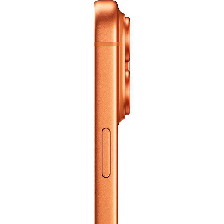 Sidovy av en orangefärgad iPhone 17 Pro som visar dess tunna profil med kameramodul och sidoknapp.