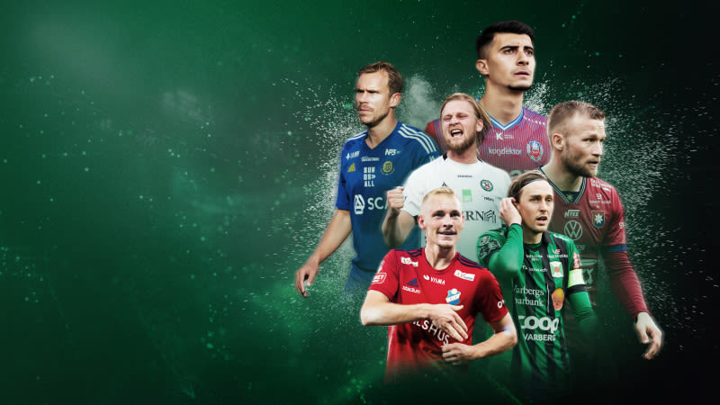 En bild med sex fotbollsspelare från olika lag i Superettan, alla klädda i sina respektive klubbtröjor mot en grön bakgrund. Spelarna är placerade i en samlad formation, med ansiktena riktade framåt, redo för match. Bakgrunden har en effekt av grönt skimmer och ljuspartiklar som skapar en känsla av energi och rörelse.