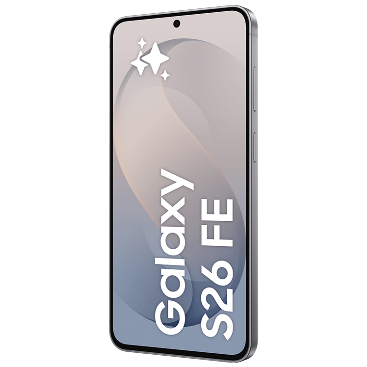 Samsung Galaxy S26 FE smartphone i grå färg med en grå skärm som visar telefonens namn.