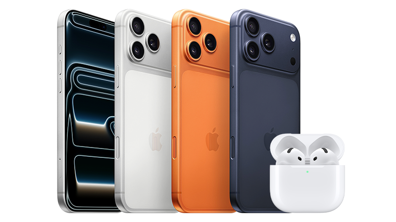 iPhone 17 Pro i tre färger tillsammans med AirPods 4