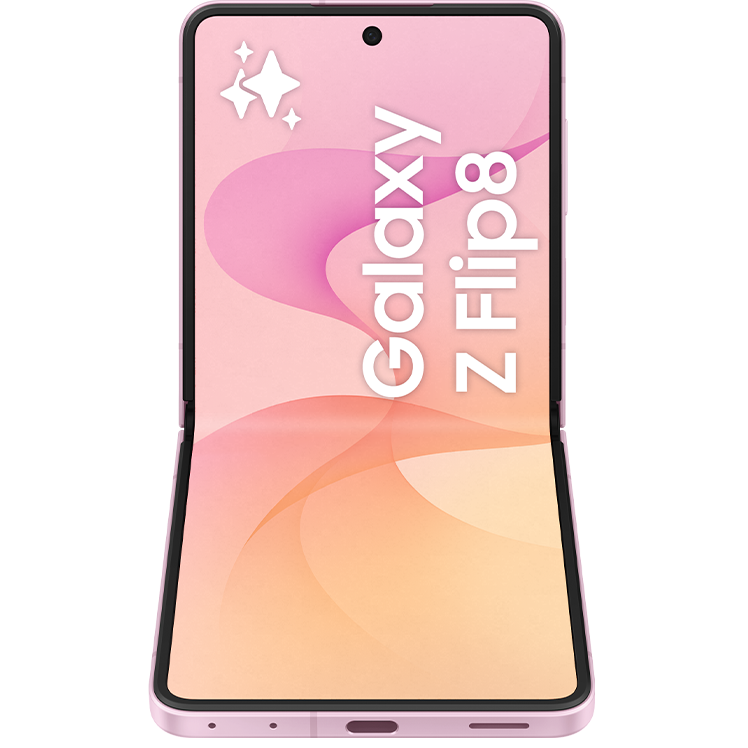 Samsung Galaxy Z Flip8 vikbar smartphone i rosa färg, visad framifrån i öppet läge med rosa skärm.