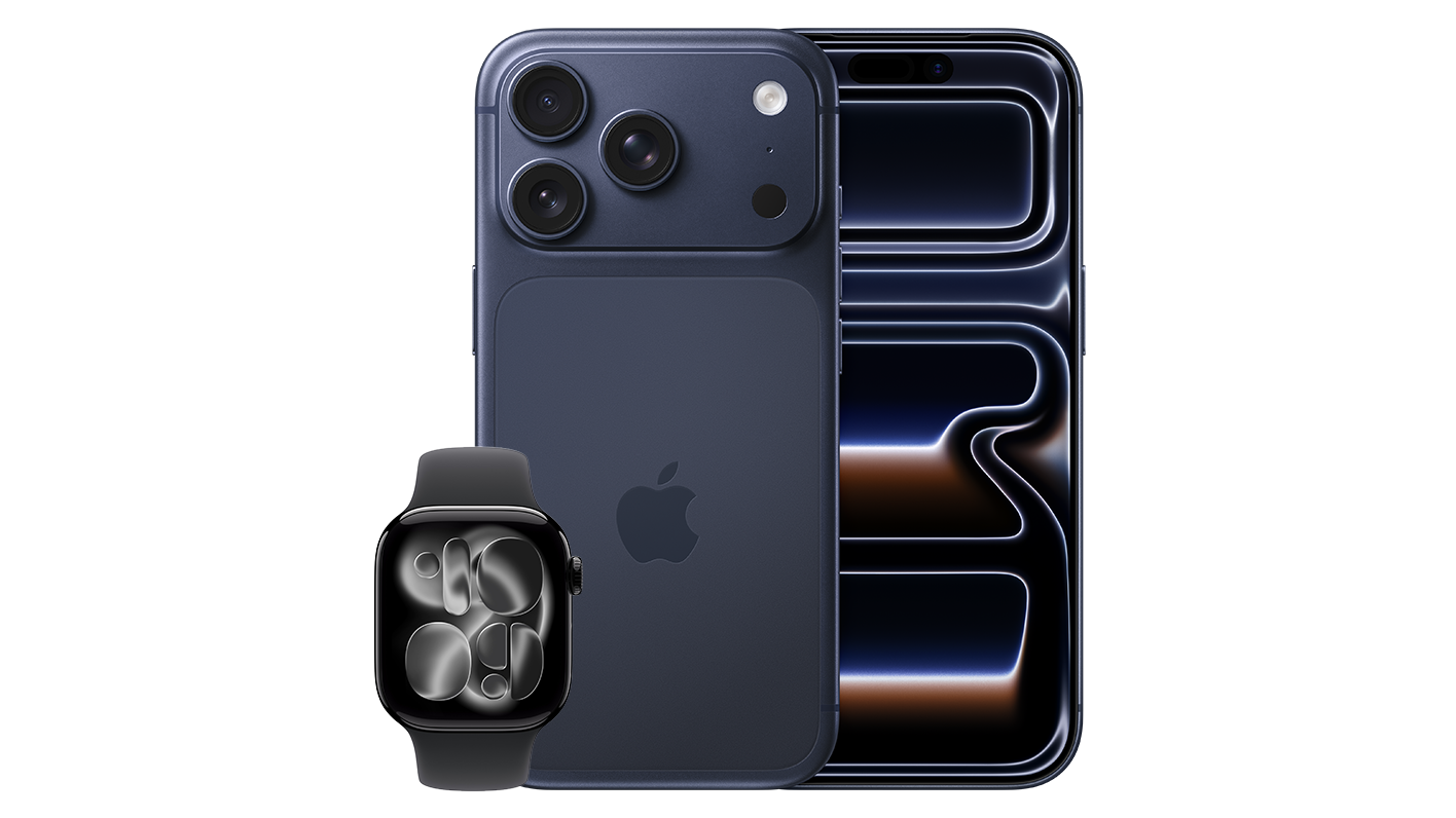 Blå iPhone 17 Pro med svart Apple Watch Series 11