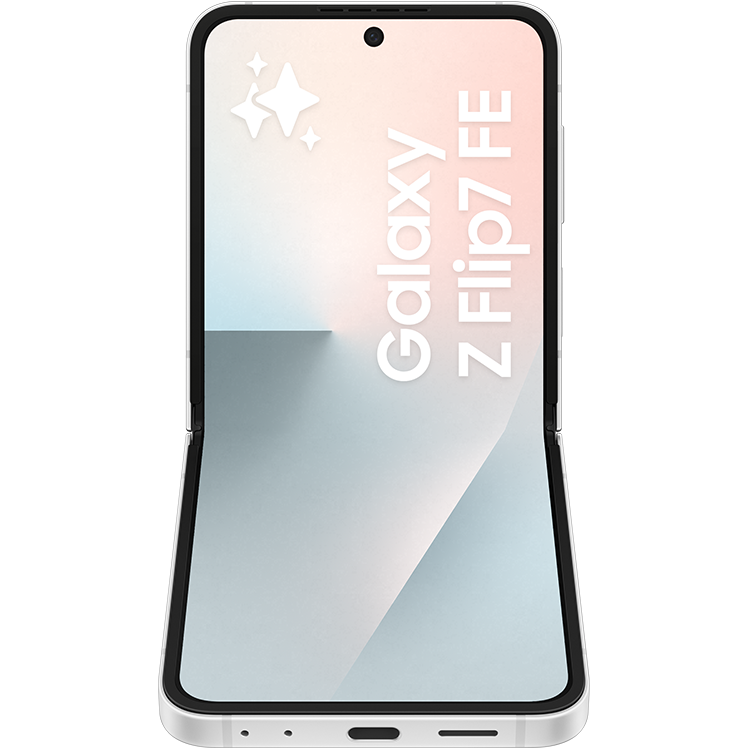 Samsung Galaxy Z Flip7 FE i vitt, framifrån i halvöppen position, med huvudskärmen påslagen. Runt skärmen löper en tunn svart kant.