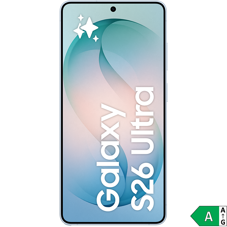 Samsung Galaxy S26 Ultra-smartphone med pastellfärgad bakgrund och energimärkning A i grönt.