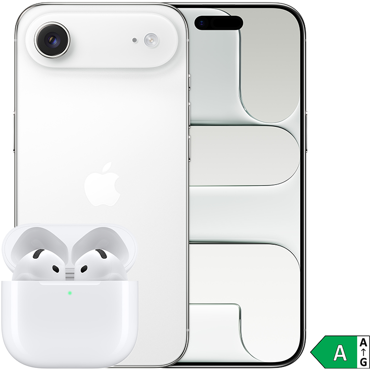 Fram- och baksida på vit iPhone Air med AirPods 4 framför