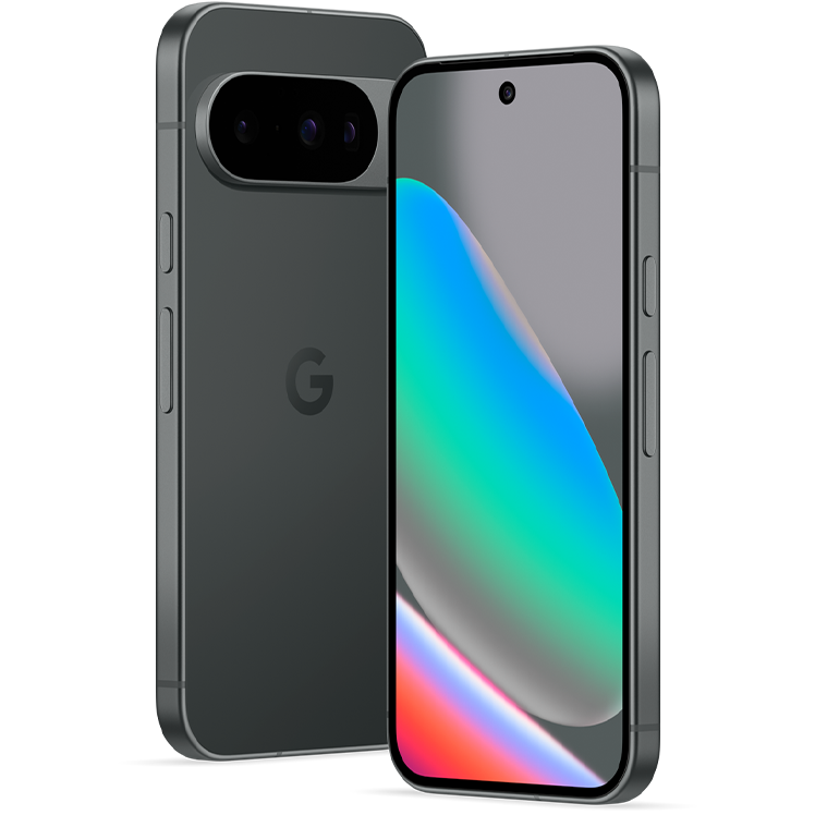 Grå Google Pixel-telefon med färgglad skärm och kamerasystem på baksidan med G-logotyp.