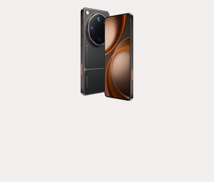 OPPO Find X9 Ultra visad framifrån och bakifrån, svart med orange detaljer, stor Hasselblad-kameramodul och brun skärmbakgrund.