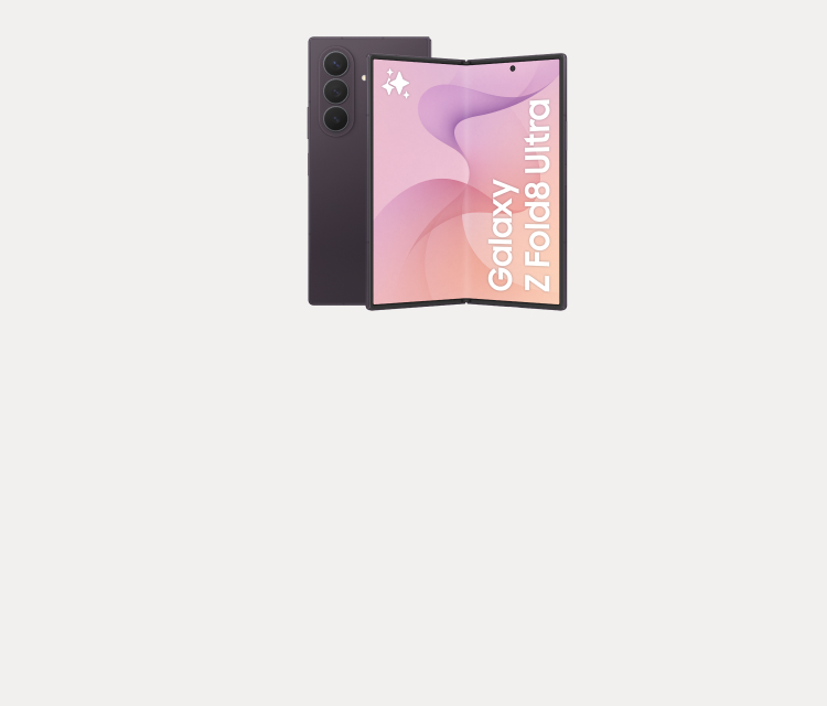 Samsung Galaxy Z Fold8 Ultra i mörklila, visad framifrån öppen med rosa skärm och bakifrån med trippelkamera.