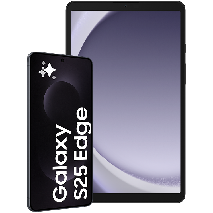 Svart Samsung Galaxy S25 Edge med Galaxy Tab A9 bakom