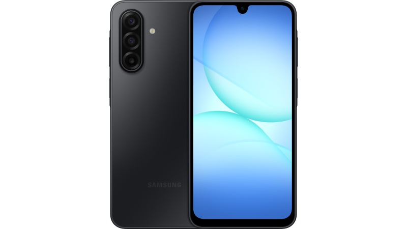 Svart Samsung-smartphone med trippelkamera på baksidan och ljusblå skärm med mjuka vågor som bakgrundsbild.