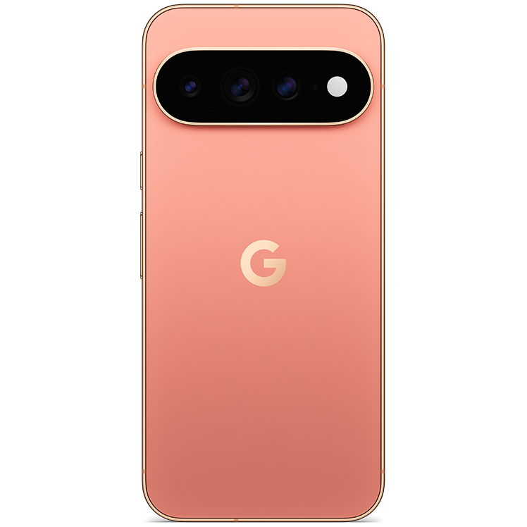 Baksida av en rosa Google Pixel 11 Pro XL med trippelkamera och Google-logotyp i mitten.