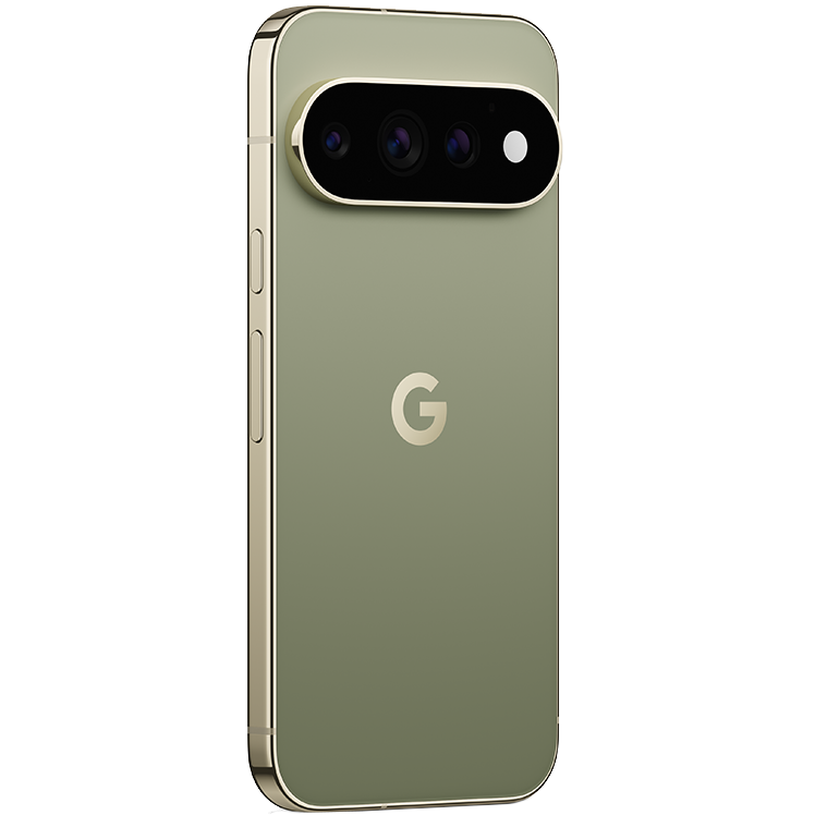 Google Pixel 11 Pro sedd bakifrån i grön färg med guldkanter, trippelkamera och Google-logotyp.