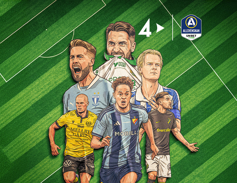 Illustration av fotbollsspelare från Allsvenskan i olika klubbtröjor mot en grön fotbollsplan med Allsvenskans logotyp.