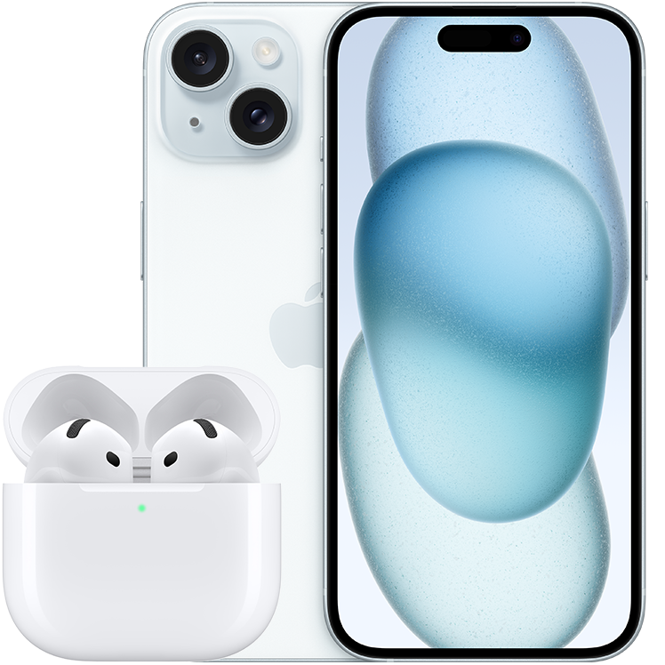 Blå iPhone 15 med abstrakt blå design på skärmen, bredvid ett öppet vitt AirPods 4-fodral med hörlurar i.