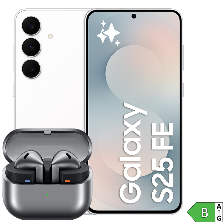 Svart Samsung Galaxy S25 FE med tre kameror visas bredvid ett par grå trådlösa hörlurar med laddningsfodral.