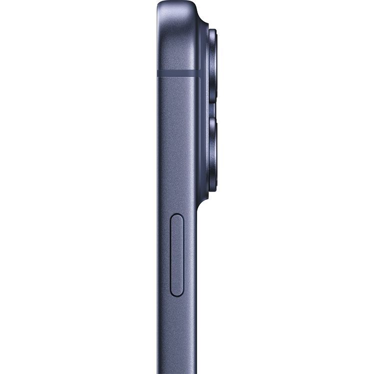 Sidovy av en mörkblå iPhone 17 pro max som visar dess tunna profil med kameramodul och sidoknapp.
