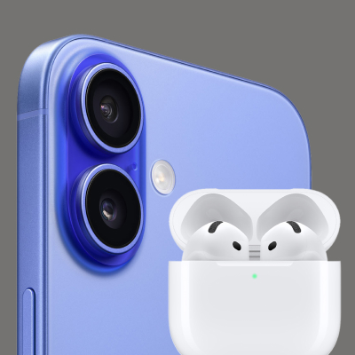 Blå iPhone 16 med AirPods 4