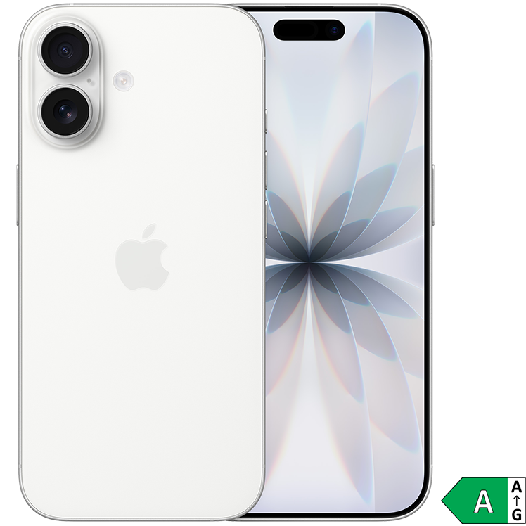 Vit iPhone med dubbla kameror och blomliknande bakgrundsbild på skärmen. Energimärkning A visas i hörnet.