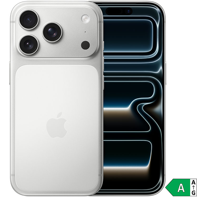 Silverfärgad iPhone 17 Pro med tre kameror på baksidan bredvid en skärm med blå ljuslinjer och en grön energimärkning i hörnet.