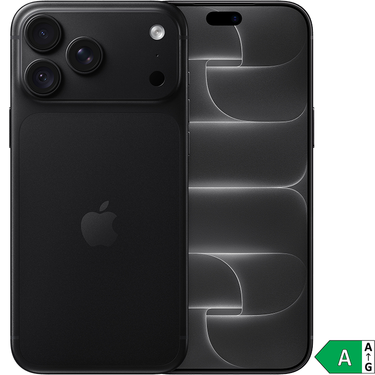 Svart iPhone 18 Pro Max visad från bak- och framsidan med trippelkamera och Dynamic Island, energiklass A-märkning.