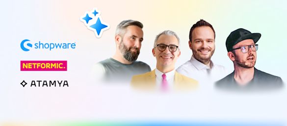 Promotional graphic featuring logos of Shopware, Netformic, Birdsview and ATAMYA on the left, alongside headshots of five speakers on the right, with a gradient background and decorative star icon.