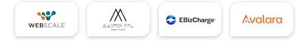 Graphic showing four partner logos in a row: Webscale with a multicolored abstract figure, Master FFL with a black geometric monogram, EBizCharge with a blue circular icon, and Avalara in orange text.